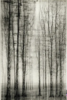 Minimalist rough abstract dusty Charcoal drawing of trees on a textured gesso background.