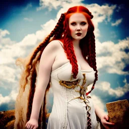 Very sensual gorgeous curvy young white woman redhead maiden dressed in white posing sensually with plaits, and with a skull in her hand, background of ancient marble Roman arcs heavenly sunshine beams divine bright soft focus holy in the clouds steampunk engine steampunk engine.