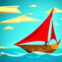 Legend Of Zelda: Wind Waker style Small wooden ship, with bright sails, on a vast ocean, stylized, celshaded, colorful, adventurous, full view.
