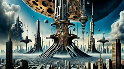 a stunningly weird image of a futuristic tall tower metropolis using Salvador Dali's paranoiac-critical method, where buildings and structures appear to melt into the skyline cityscape is filled with floating mad, twisted sharp metal shapes that interact with the buildings and each other, forming a surreal tableau of a dreamlike reality. neu-steampunk vibe, essence of the scene in a cinematic manner, dramatic shadows , perspectives and bizarre, deep colors, futuristic surreal