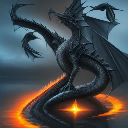 a black dragon sitting in front of a river