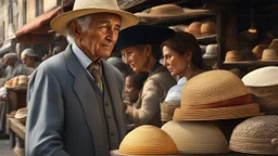 elderly male market trader selling ladies' hats, showing his head and upper body, perfect eyes, perfect anatomy, exquisite composition, beautiful detailed intricate detailed octane render, 8k artistic photography, photorealistic, soft natural volumetric cinematic perfect light, chiaroscuro, award-winning photograph, masterpiece, raphael, caravaggio, bouguereau