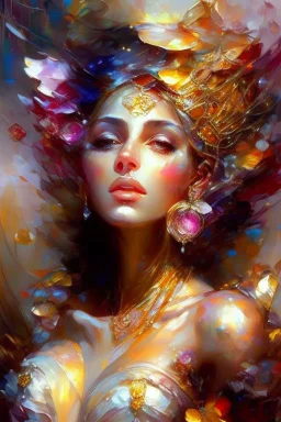 fantastic treasure chest with full of diamonds jewels gemstones and gold oil painting by Yossi Kotler elegant extremely detailed intricate oil on canvas very attractive beautiful crisp quality Michelangelo Jean-Baptiste Monge Pino Daeni Josephine Wall Daniel Gerhartz