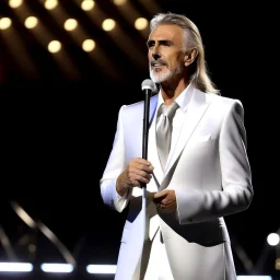 create a image showing Andrea Bocelli, resplendent in a crisp white suit, awaits a special guest on stage. Suddenly, Celine Dion emerges in a sparkling silver dress. Together, they deliver a history-making balladcreate a image showing Andrea Bocelli, resplendent in a crisp white suit, awaits a special guest on stage. Suddenly, Celine Dion emerges in a sparkling silver dress. Together, they deliver a history-making ballad