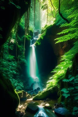 An enchanting forest scene with a magnificent waterfall cascading down a cliff, surrounded by vibrant foliage in various shades of green, sunlight filtering through the canopy above, creating a play of light and shadows, capturing the ethereal beauty of nature, Photography, DSLR camera with a wide-angle lens, f/2.8 aperture, --ar 16:9 --v 5