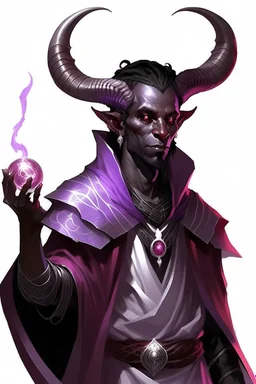 En Young male black skin black hair tiefling Wizard with large horns glowing Purple symbols Everywhere on his body. He's wearing silver and White Rope and a silver cloak. His horn a perfectly place on acet from the front to the back pointing upwards with glowing Red cat Eyes. His close is elegant get simple. Casting and ice spell