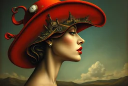 A surreal portrait of a woman in profile with a red wide-brimmed hat, in Dalí’s surrealist style. The hat morphs into flowing landscapes, clocks melt in the background, and the lips float as a separate surreal element. Dreamlike and bizarre with high detail. --v 7 --ar 2:3 --style raw --hd --q 2 --uplight --chaos 20