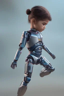 Zendaya toddler, robocop, full body, jump, bokeh, hyper realistic