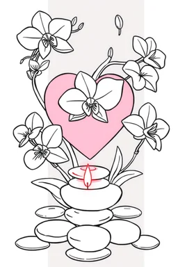 outline art for visually rich appealing heart ikebana orchids plumeria spa rounded stones around candles, coloring page for kids, white background, fit to page, only use outline, clean line art, no shadows, clear and well outlined