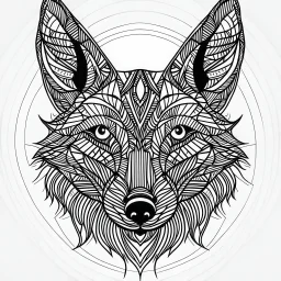 Jackal, front view, mandala, minimal lines, cartoon, white back ground color, real style, realistic, minimalistic, minimal black line art, line art, crisp line art, unique coloring sheet, outlined, outline, crisp, crisp line edges, illustration, thin lines, crisp clear lines, line art, clean line art, unique, 8k, amazing, masterpiece, no colors, no dark color, no black color, avoid thick black, minimalistic line edges, pure white back ground, image character full fit to page,