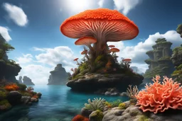 Creation: photorealistic exotic giant fungus and coral with tentacles floating down to a rocky shoreline, cliffs, cloud trees