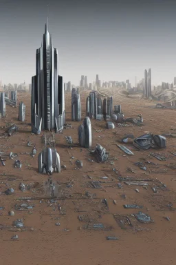 spaceship in an alien desert city surrounded by strange tall buildings