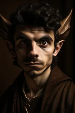 A portrait of a young elf, a wizard, spike ears, brown hair, Caravaggio style