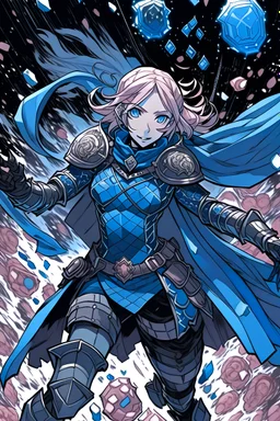 Dark Souls manga-style androgynous girl with pale pink hair, metal tiara, and blue eyes with medium blue armor, in a black coat, with dark blue gems in her greaves and gauntlets, holding two curves black claymores in both hands, with fight spirit in her eyes, jumping