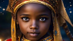 little very young Ethiopian girl, beautiful, peaceful, gentle, confident, calm, wise, happy, facing camera, head and shoulders, traditional Ethiopian costume, perfect eyes, exquisite composition, night scene, fireflies, stars, beautiful intricate insanely detailed octane render, 8k artistic photography, photorealistic concept art, soft natural volumetric cinematic perfect light, chiaroscuro, award-winning photograph, masterpiece, Raphael, Caravaggio, Bouguereau, Alma-Tadema