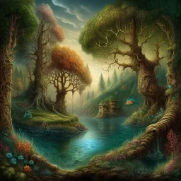 Imaginary landscape trees. . And he sells. Meh. lake.Underwater ornamental fish perfect anatomy, fantasy, vibrant digital art professional award winning masterpiece, oil on canvas Atmospheric extremely detailed Josephine Wall