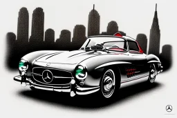 a true-to-life 1956 mercedes benz 300 sl roadster, centered, intricate, extreme detailed, photorealism, center view, city background, pivot on mercedes, pen and color marker painting by cheryl kelley