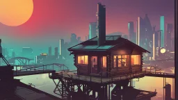 small Wooden European Cabin, In cyberpunk city-skyline, comic style