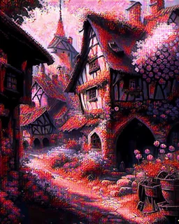 Medieval fantasy village with flowers rpg art pain... | @MI1993