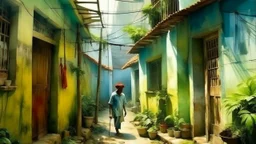 Tropical alley with moss covered walls, soaked hanging laundry and loose chickens; an old man smokes at the doorway. Saturated Caribbean watercolor style