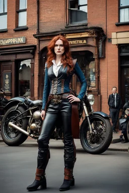 full-height portrait of a woman with straight shoulder-length auburn hair, with metal arms and legs, dressed in leather trousers, and a waistcoat, in a Victorian street next to a steampunk motorbike blue sky