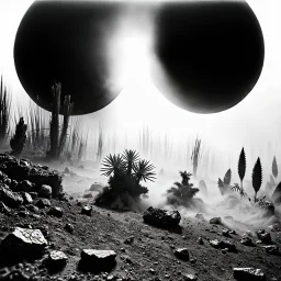 A striking quality Kodak photograph captures a wasteland with monsters and group of plants, creepy, details of the dust very accentuated, glossy organic mass, adorned with minerals and rocks. Bathed in intense light, eerie, Max Ernst style, black sun, fog