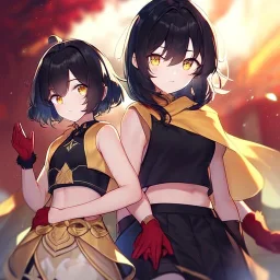 Clear focus,High resolution, Black short fluffy hair, and yellow eyes, wearing a black short skirt, sleeveless crop top, wearing long dark red gloves, yellow cloak, Holding hand out