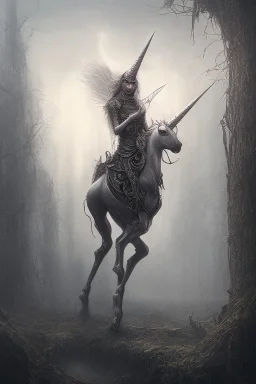 unicorn , dystopian surrealism, dark horror fantasy, hdr, demonic, dark art