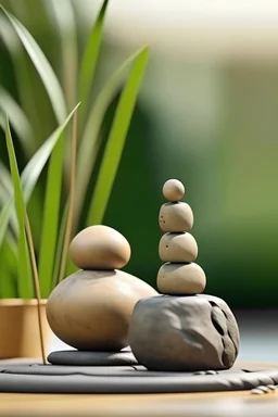 delicate background with spa stones and a bamboo stem, on a blurred background, a female curved statue sits on the stones, photorealistic photo