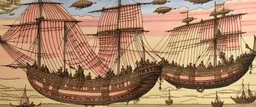 Airships in the pink sky designed in Bayeux tapestry painted by Giovanni Battista Sassi