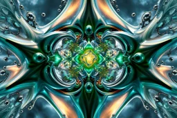 Dynamic complex hypnotic fractal 3D structures Symmetry twisting and morphing between plants and metall geometric forms , smooth translucent iridescent glass with inner glow and bubbles, varied transparent materials, stormy skies, intense dramatic