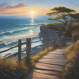 Cliffs overlooking the seaside, dynamic waves crashing, rustic wooden fence lining the cliff edge, expansive ocean view with a distant horizon, sky painted with the colors of dawn, a solitary tree standing prominently with thick, twisting branches, a weathered swing gently swaying, an innocent child with ringlet hair and sparkling gray eyes, dressed in a flowing white homespun dress adorned with little white flowers, wild blooms scattered around, a charming woven rope swing hanging from a sturdy