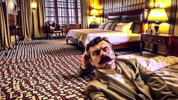 man passed out on hotel room floor while mustache man stares at him longingly