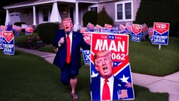 man in drag screaming on phone with trump 2024 campaign signs all over lawn