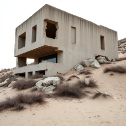 Fotografia di una villa moderna brutalista. La struttura è erosa e inglobata dal paesaggio naturale, come se il tempo o l'ambiente avessero iniziato a "riassorbirla". L'atmosfera è desolata e surreale, con un ambiente circostante spoglio e sabbioso hasselblad h6d400c