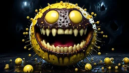 A complex 3D rendering of an insatiable, evil Pac-Man, yellow skin scarred and stitched, with sharp ivory teeth cracked and chipped, coming at you in a rage, horror art, dark fantasy background, wet, glossy, horrorcore, trypophobia, eerie, hdr, UHD, txaa, nightmarish, Anger, Warm lighting, rage, extreme emotion, Highly detailed skin textures, art by Keith Thompson, sharp focus, blurred reality, fading away, pulsating veins, broken glass, destruction, bleeding, eldritch,