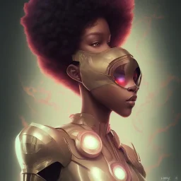 black super hero girl, green eyes, afro | very very anime!!!, fine - face, red afro, realistic shaded perfect face, fine details. anime. realistic shaded lighting poster by ilya kuvshinov katsuhiro otomo ghost - in - the - shell, magali villeneuve, artgerm, jeremy lipkin and michael garmash and rob rey