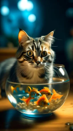 portrait of confused old cat holding a glass bowl with an animated gold fishes and sharks in glass nursery having grown beaks and claws, bokeh like f/0.8, tilt-shift lens 8k, high detail, smooth render, down-light, unreal engine, prize winning