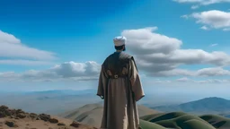 A Morisco general in an Arab dress stands with his back on the top of a mountain, in front of him is a flat land, and the sky is blue and full of clouds.