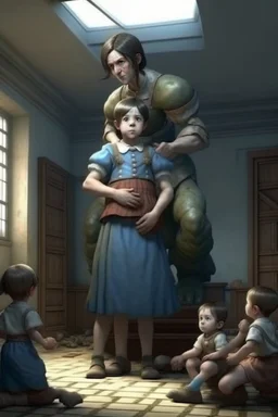 a giant woman protect 3 children, realistic style, interior of asylum