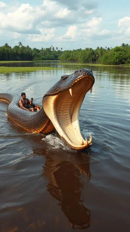 A giant Anaconda snake in the Amazon attacking a boat with a man on it