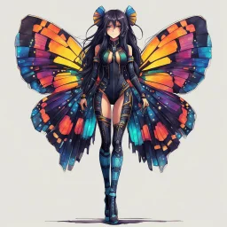 full body portrait illustration , long hair, with detailed blueprints and engineering schematics of a walking hybrid Madagascan sunset moth insect girl, in anime style, with highly detailed facial features, drawings, 8k, vibrant natural colors, tight bodysuit, white skin, wings above sholder