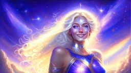 Full body portrait of a peaceful smiling gorgeous blonde Goddess of the galaxies with a blue indigo purple skin, high skul, luminous eyes in a galactic sunset