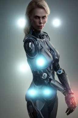 portrait full body, robot scifi with face charlize theron, intricate, many lights in body, eyes lights, highly detailed, highli quality, 8k, volumetric lighting