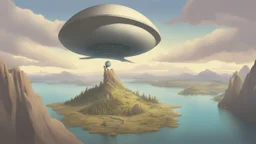 aerie made of rock reaching hundreds of feet into the sky, in a lake, with a flying saucer over head