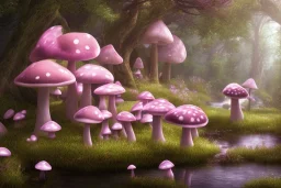 Paysage forêt maison champignons roses avec des lapins et des faons et une rivière bordée de grandes fleurs roses lumiere volumetrique unity engine