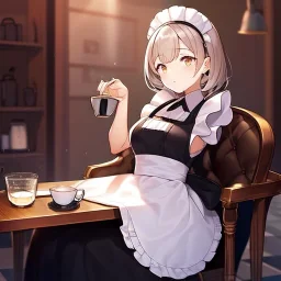 anime girl dressed as a waitress filling a tea cup of coffee, in a diner, with tables and chairs nd booths, two identical tea cups sitting on a table, waitress is coffee into a cup and it over flows