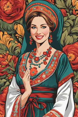 Gráfica vectorial de hermosa mujer rusa feliz sonriente con vestido tradicional, calidad ultra hiperdetallada