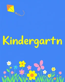 A blue, yellow, and green design with some flowers and butterflies at the bottom of the image and a kite at the top left for a kindergarten.