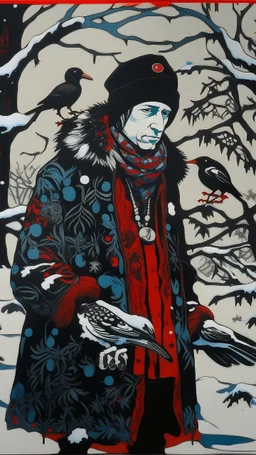 A contemporary serigraphy portrait by Matisse and Kunisada of a human-like crow dressed with a punk leather jacket within a snowy Christmas atmosphere.